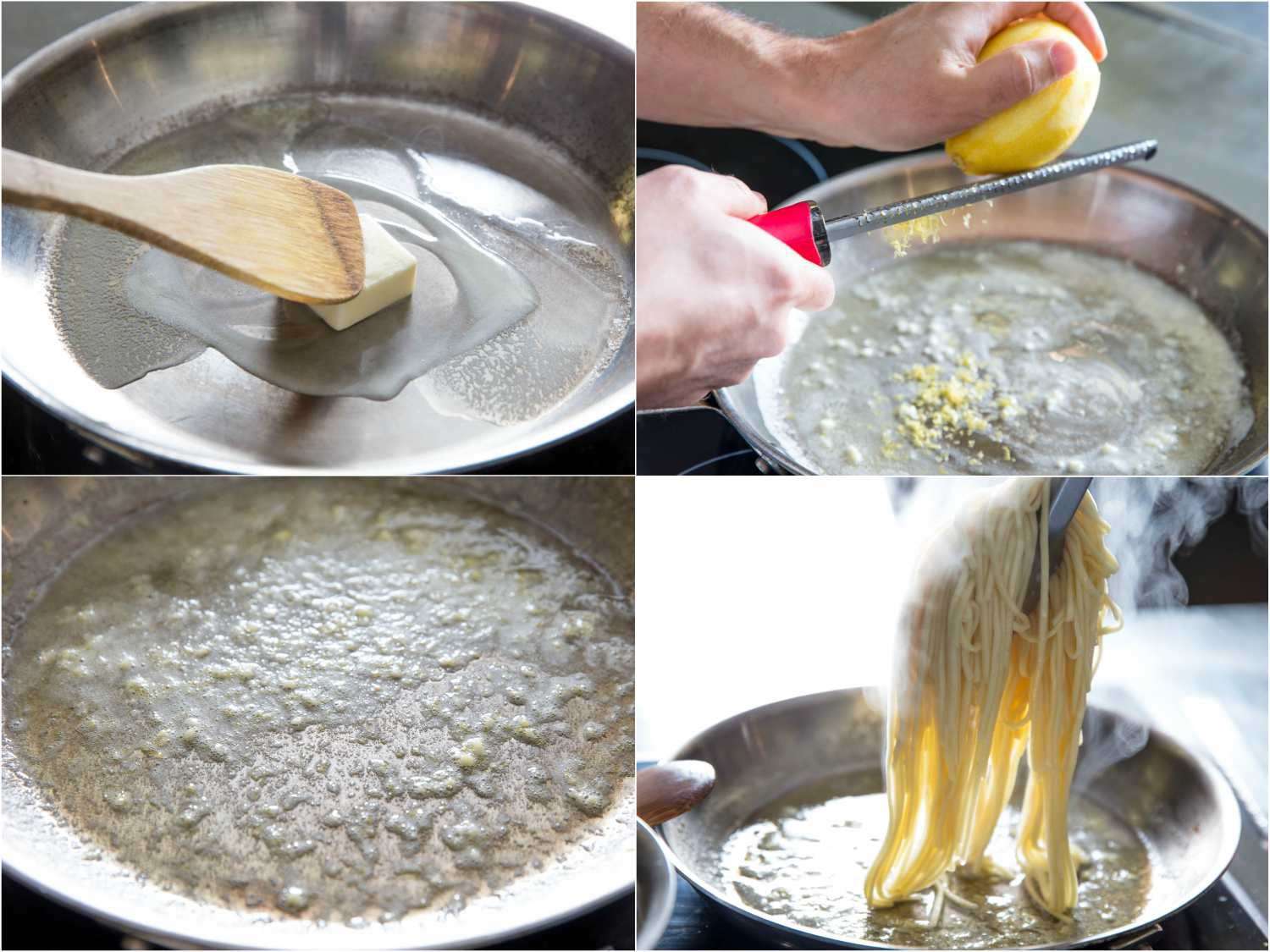 A collage: melting butter in a large skillet, adding lemon zest, garlic and spaghetti for pasta al limone. 