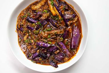 An overhead shot of Sichuan fish-fragrant braised eggplants.