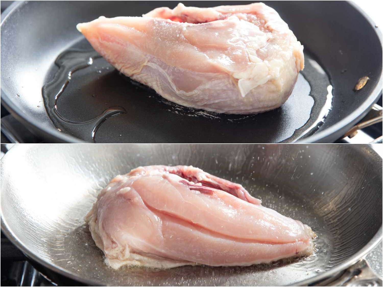 A side-by-side image showing how chicken adheres better to a stainless steel skillet than a nonstick one, leading to more complete browning.