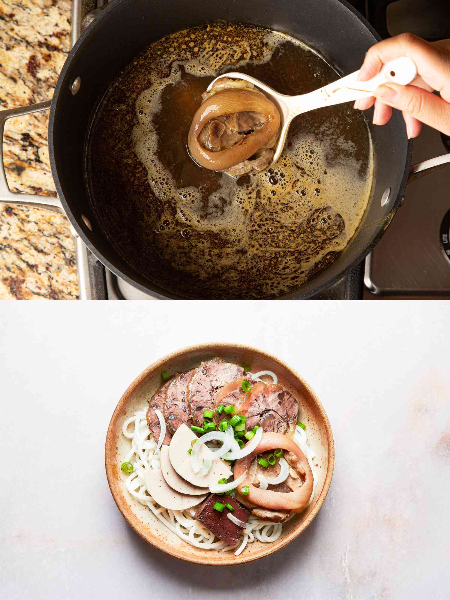 Two image collage of removing meat from broth and assembling bun bo hue bowl