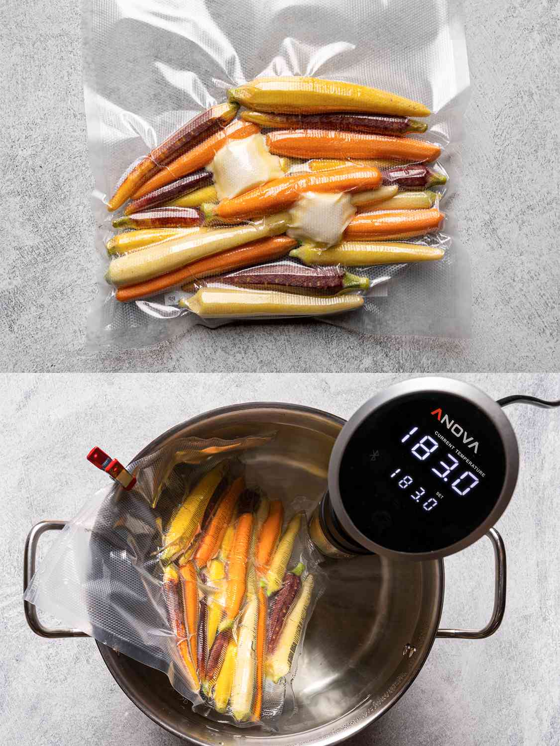 A two-image collage. The top image shows a sealed vacuum bag containing carrots, butter, sugar, and Â½ teaspoon of kosher salt laying flat on a surface. The bottom image is a top-down shot of the sealed bag placed into a stanless steel pot of water. Also inside of the pot is an immersion circulator displaying a cooking temperature of 183 degrees Fahrenheit.