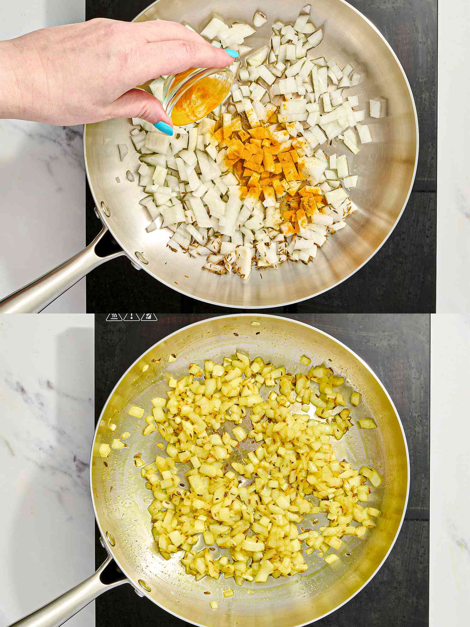 Two image collage of adding tumeric to onions and cooking