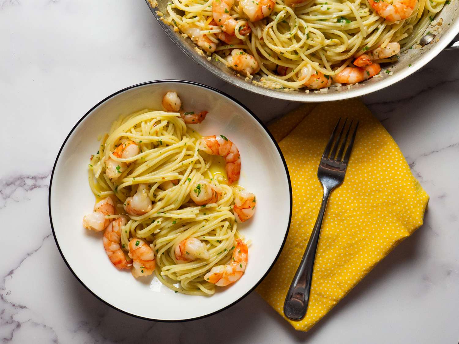 Plated shrimp scampi.