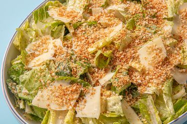Overhead view of salad with breadcrumbs