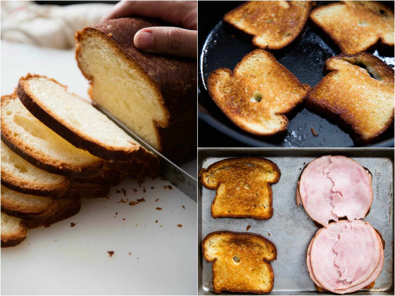 A 3-photo collage of slicing bread thinly, toasting the bread in butter on both sides, and putting ham on half of the bread.
