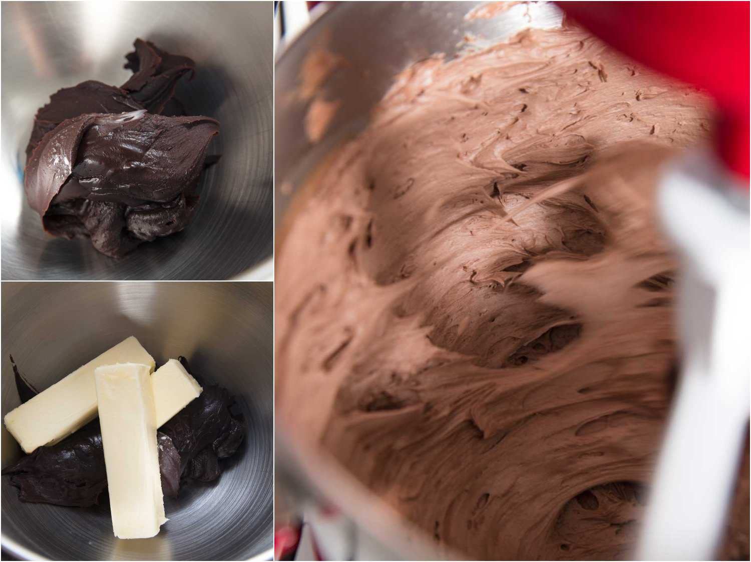 Chocolate pudding base in stand mixer bowl, 3 sticks of butter added to stand mixer bowl, butter and pudding base whipped into a creamy, light chocolate frosting