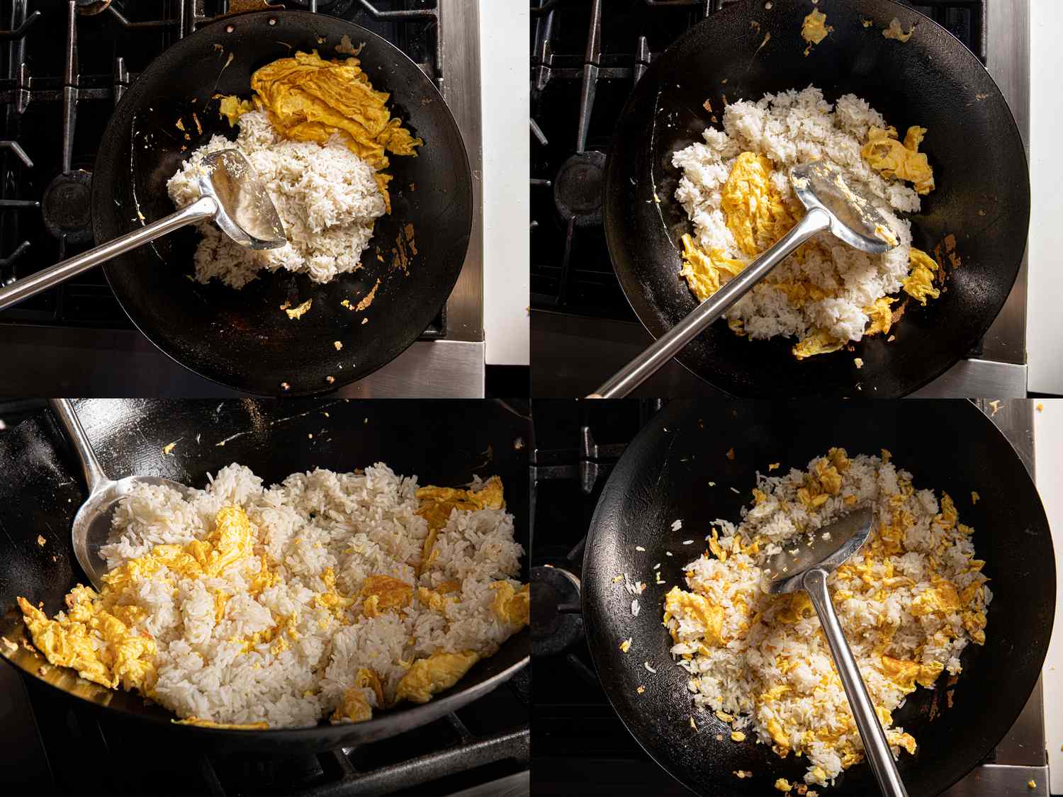 Four image collage of stirring eggs and rice together in a wok
