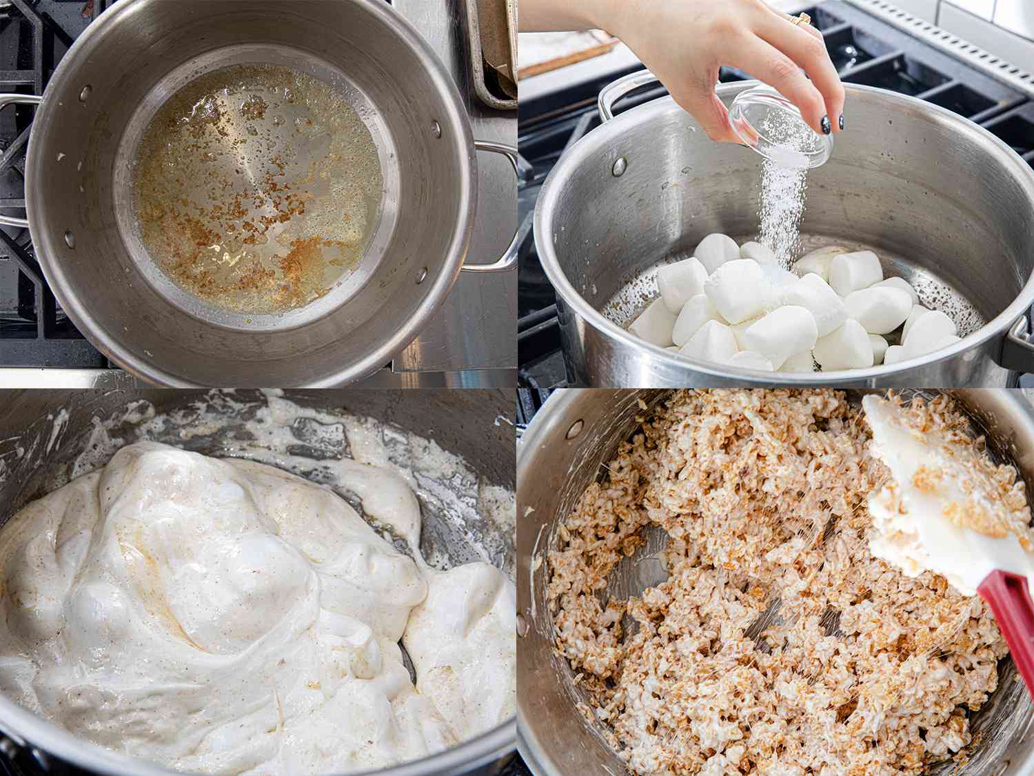 Four image collage of butter browning in a pot, salt being added to marshmellows in pot, melted marshmellows, rice krispies folded into marshmellow mixtuer 