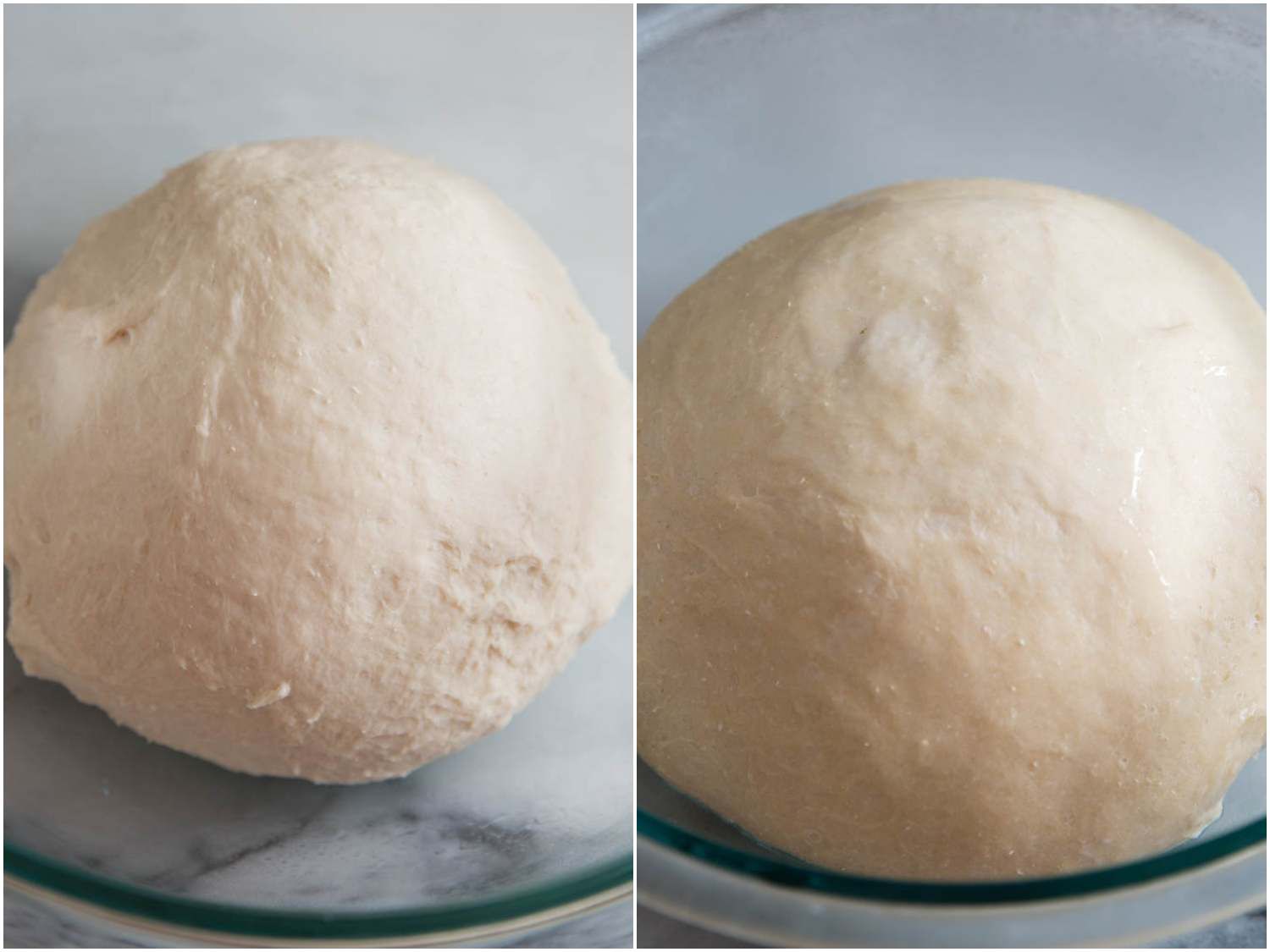 Side by side comparison of dinner roll dough before and after rising. 