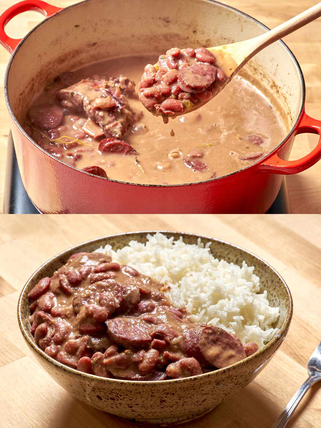 Cooked down beans and sausage, then served with white rice.