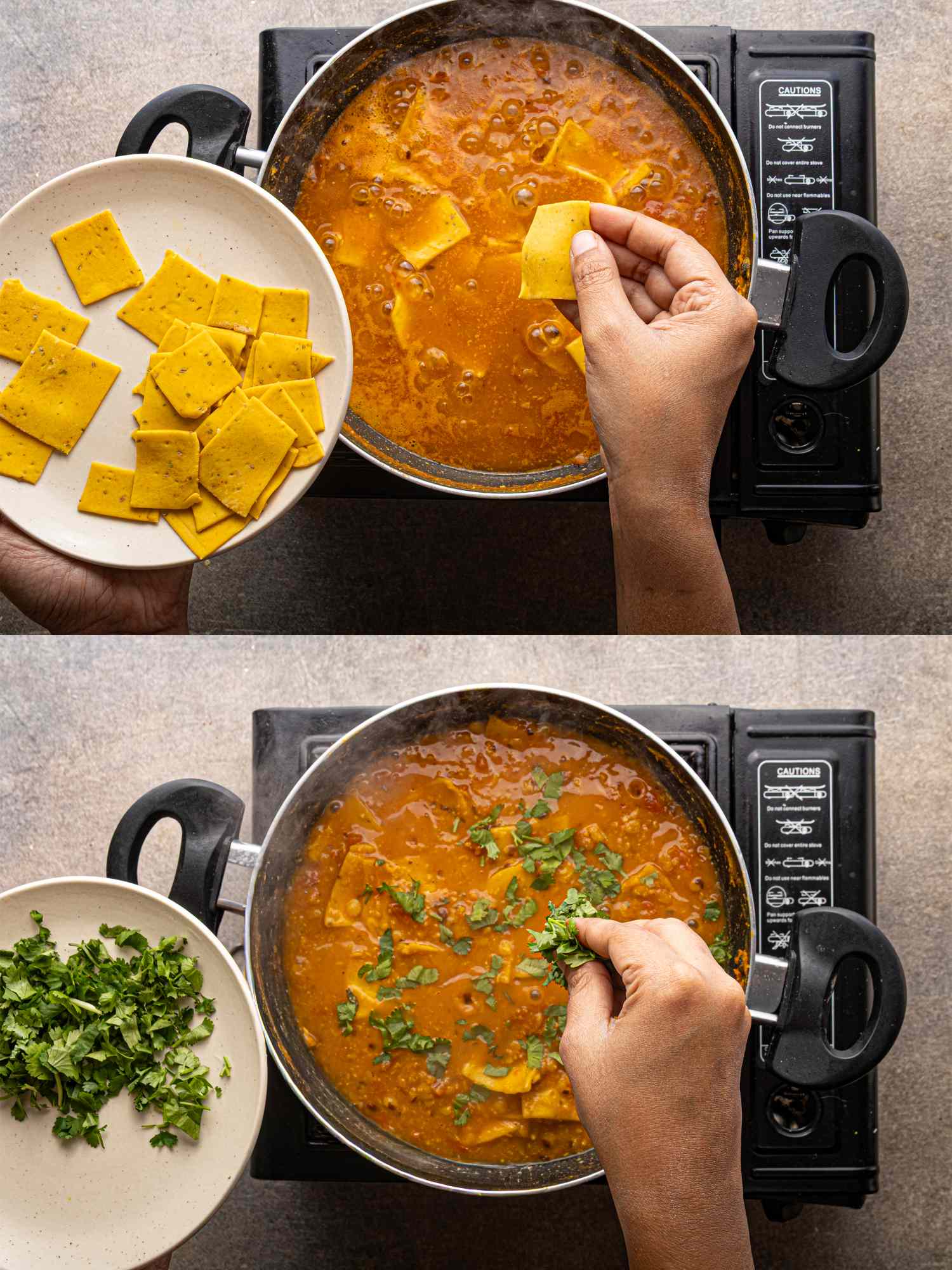Steps for preparing a dish adding pieces and herbs to a simmering pot on the stove