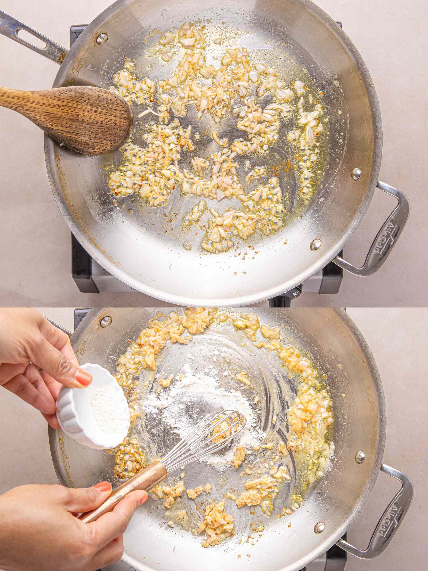 Twostep cooking process of garlic in a pan and adding flour mixture with a whisk