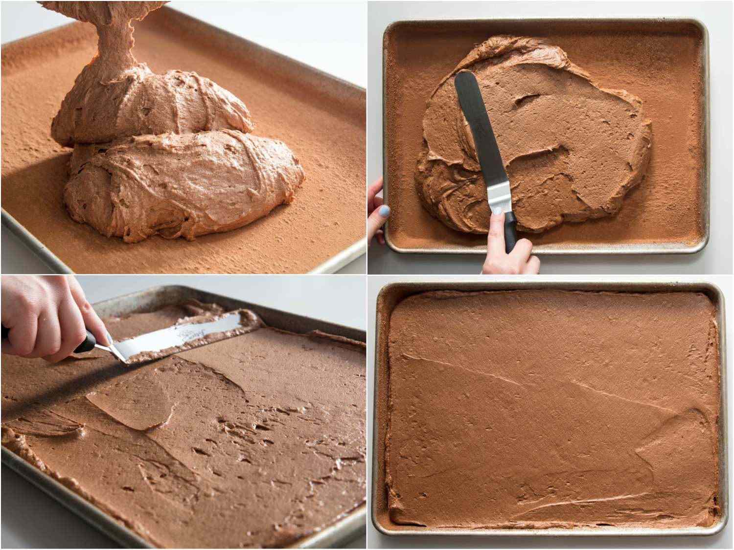 A four-image collage. The top left shows the batter being transferred to a half sheet pan coated with cocoa powder. The top right shows smoothing the batter with an offset spatula. The bottom left shows a close up of the smoothing action. The bottom right shows the smooth batter in a half sheet pan.