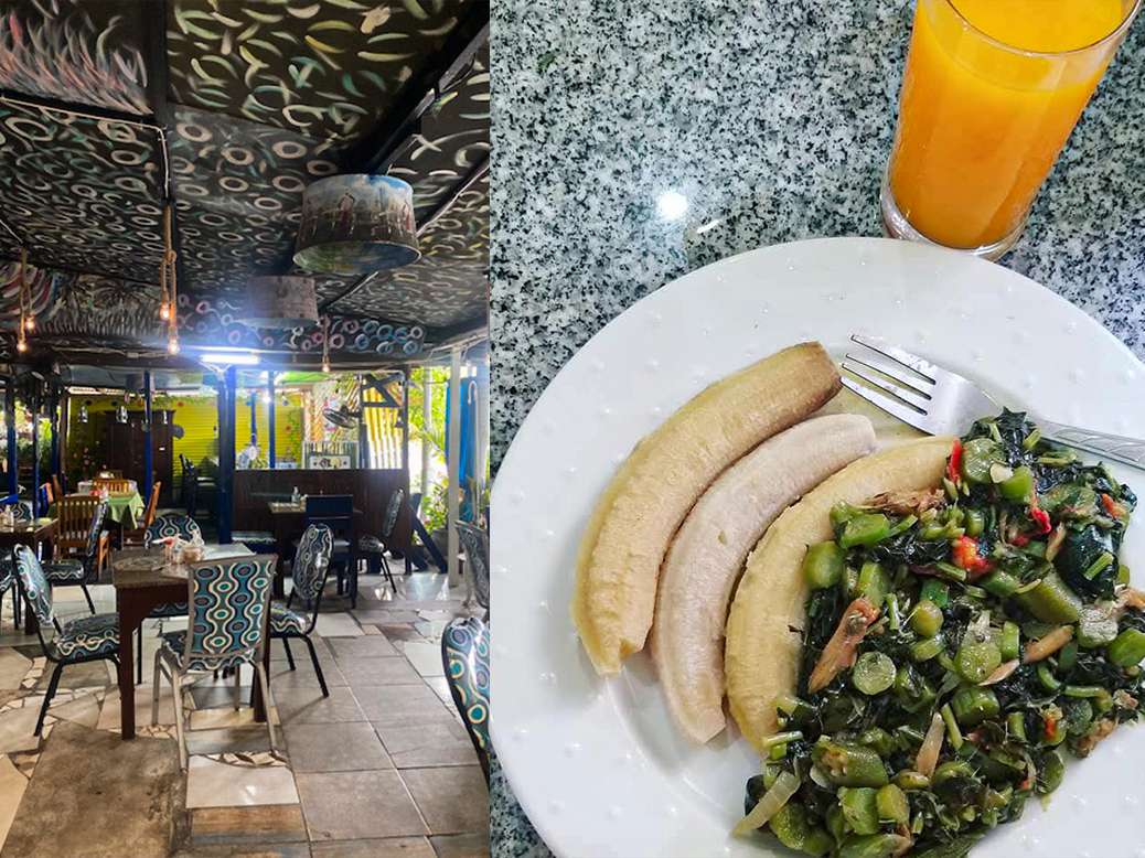Collage of photo of Triple Tz Eatery and a plate of callaloo