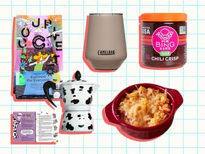 Couplet Coffee The Ultimate Espresso at Home Starter Kit, CamelBak Horizon 12 oz Wine Tumbler, Mr Bing Chili Crisp, and Murray's Lobster Mac And Cheese on a grid background