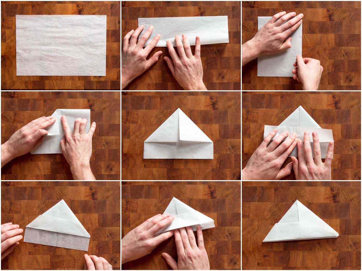 Process shots of making parchment pocket to hold trapizzino.