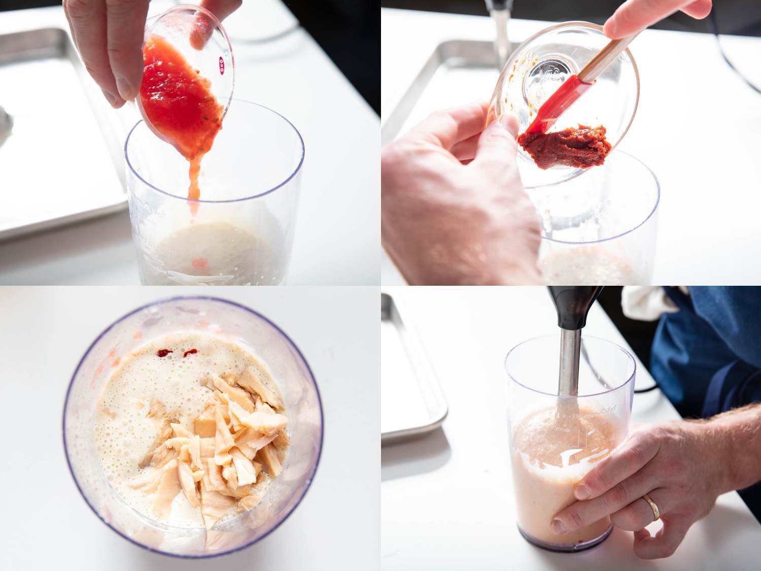Photo collage of blending tomato pulp, hot pepper paste, and canned tuna into spicy tonnato sauce.