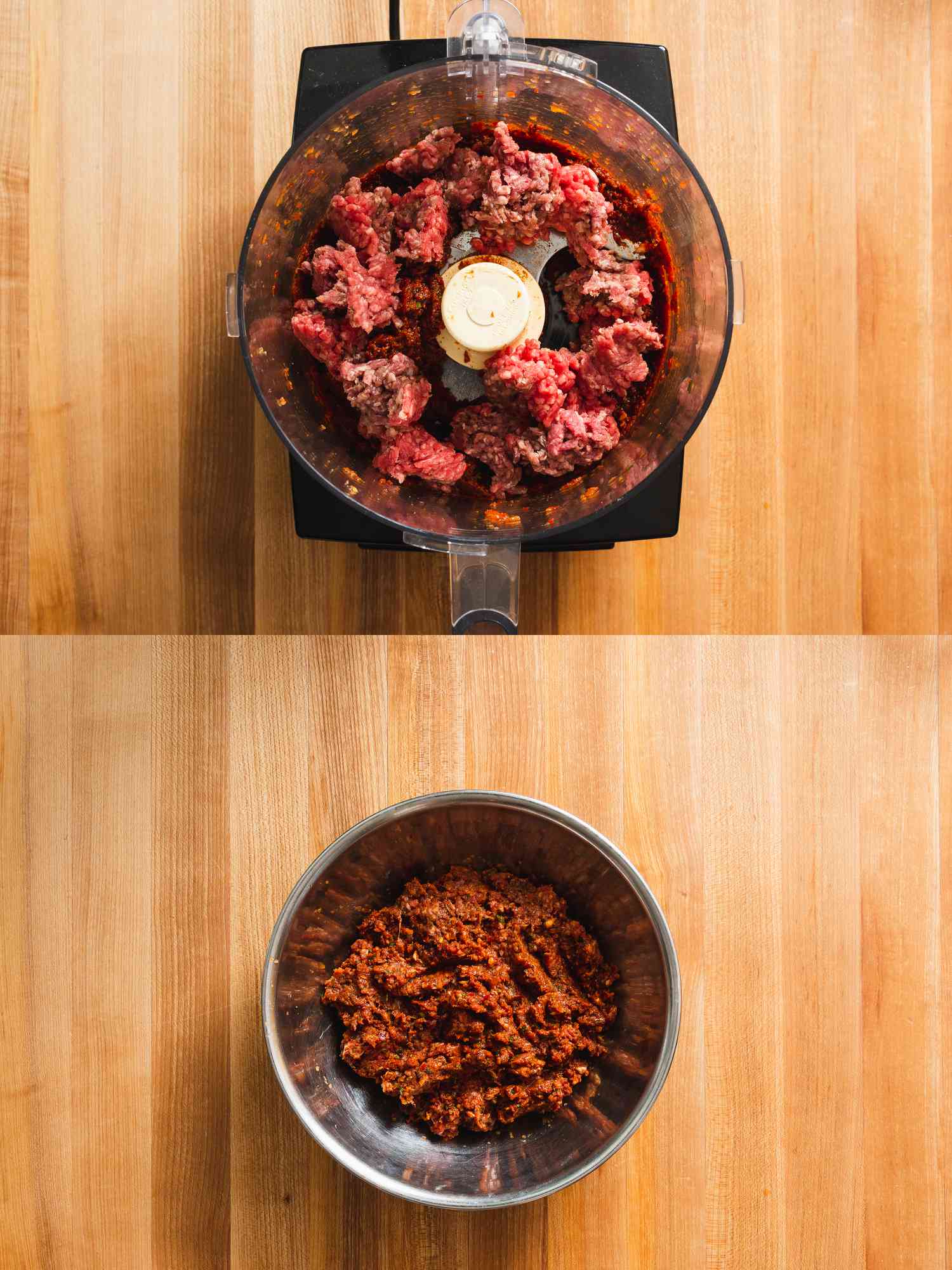 Meat topping in food processor