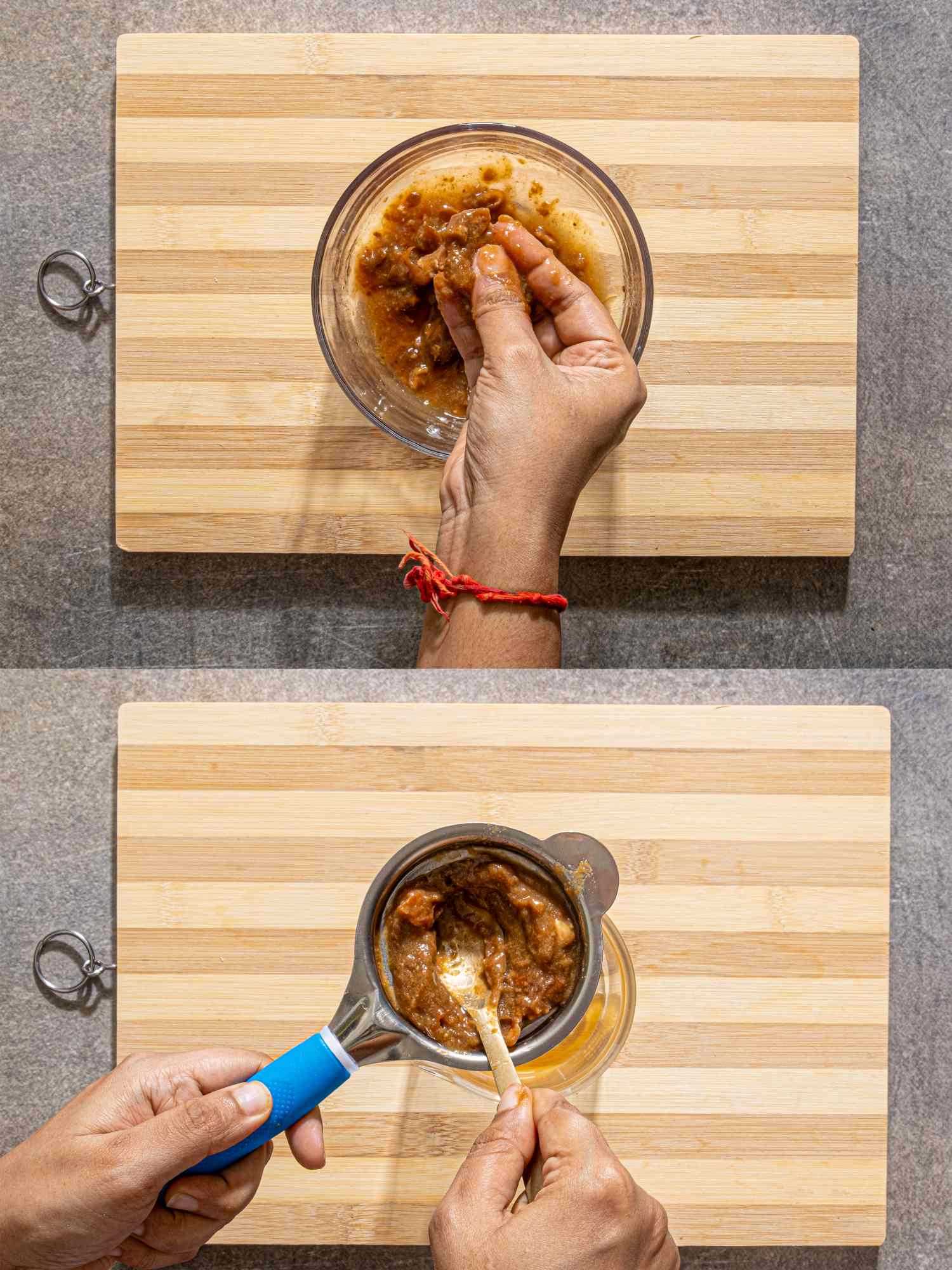 Steps of a cooking process involving preparation with tamarind and jaggery