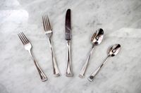 Various pieces of cutlery from the Lenox Portola 65-Piece Flatware Set