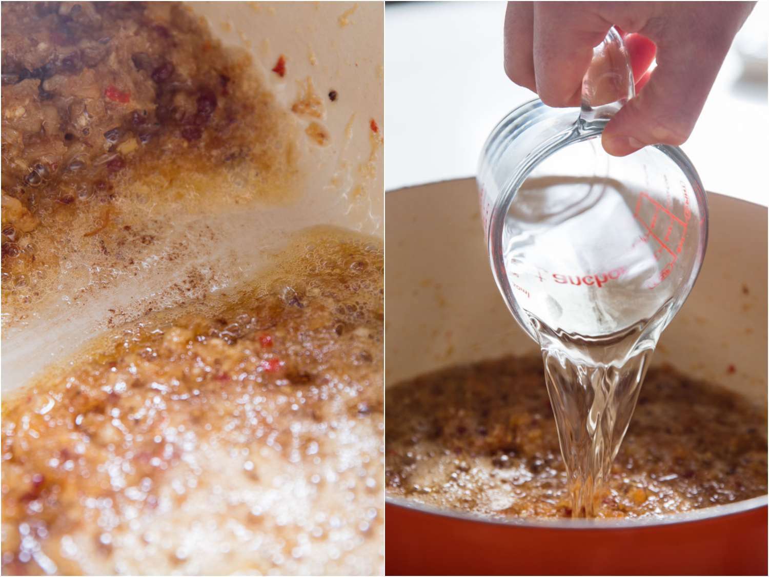 Side by side images showing ingredients for XO sauce have turned golden brown in the Dutch oven and deglazing XO sauce with Shaoxing rice wine.