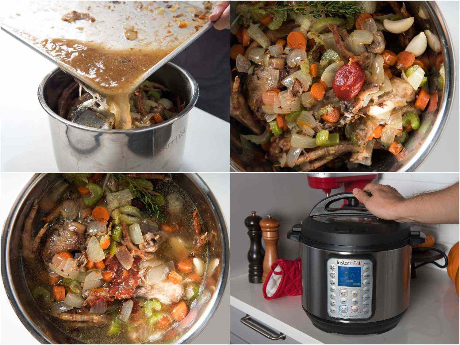 A four-image collage. The top left image shows pouring the roasted chicken juices to the pressure cooker. The top right image shows the mixture from the top. The bottom left image shows water has been added to the pressure cooker. The bottom right image shows closing the lid of the pressure cook on the counter.