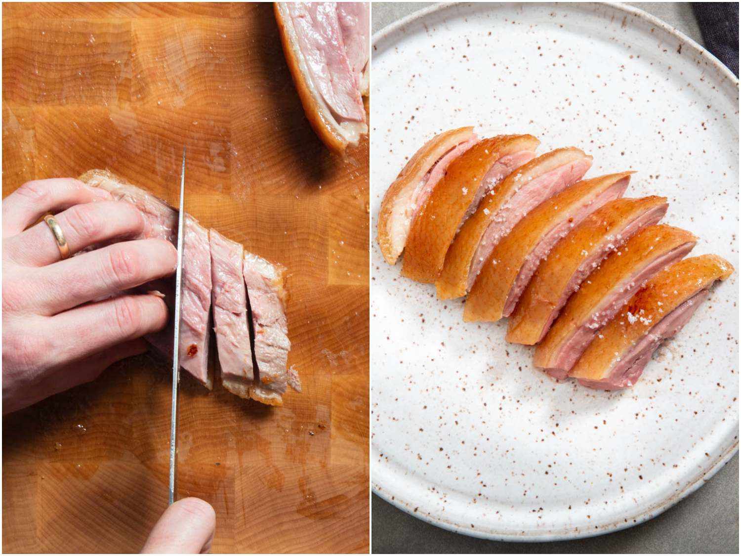 Photo collage of slicing a roast duck breast crosswise into pieces.