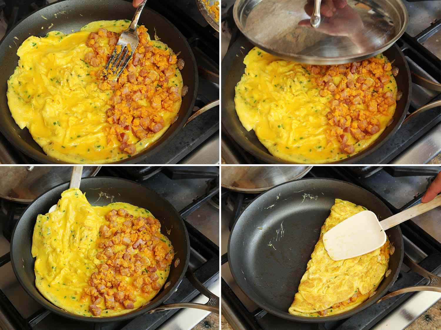 A four image collage. The top left shows cooked ham being spread on half of the cooking eggs. The top right shows a lib being placed on the pan. The bottom left shows a spatula folding half of the eggs over and on top of the ham. The bottom right shows an omelette cooking. 