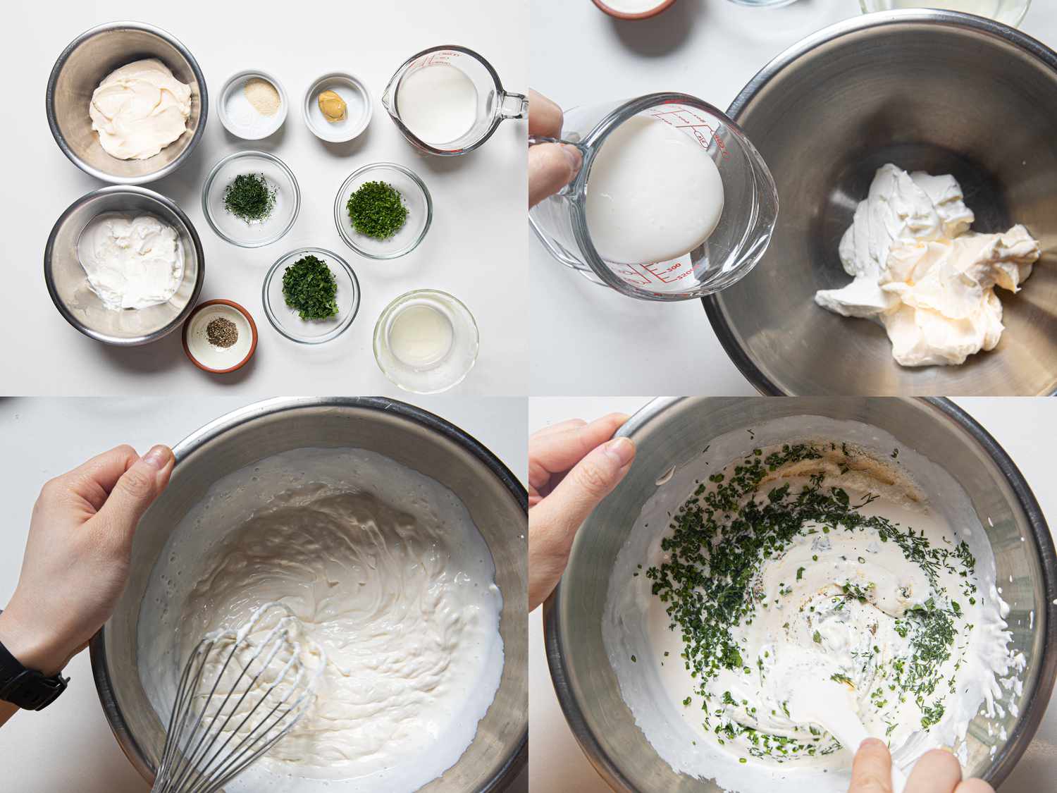Four image collage of assembling ranch dressing