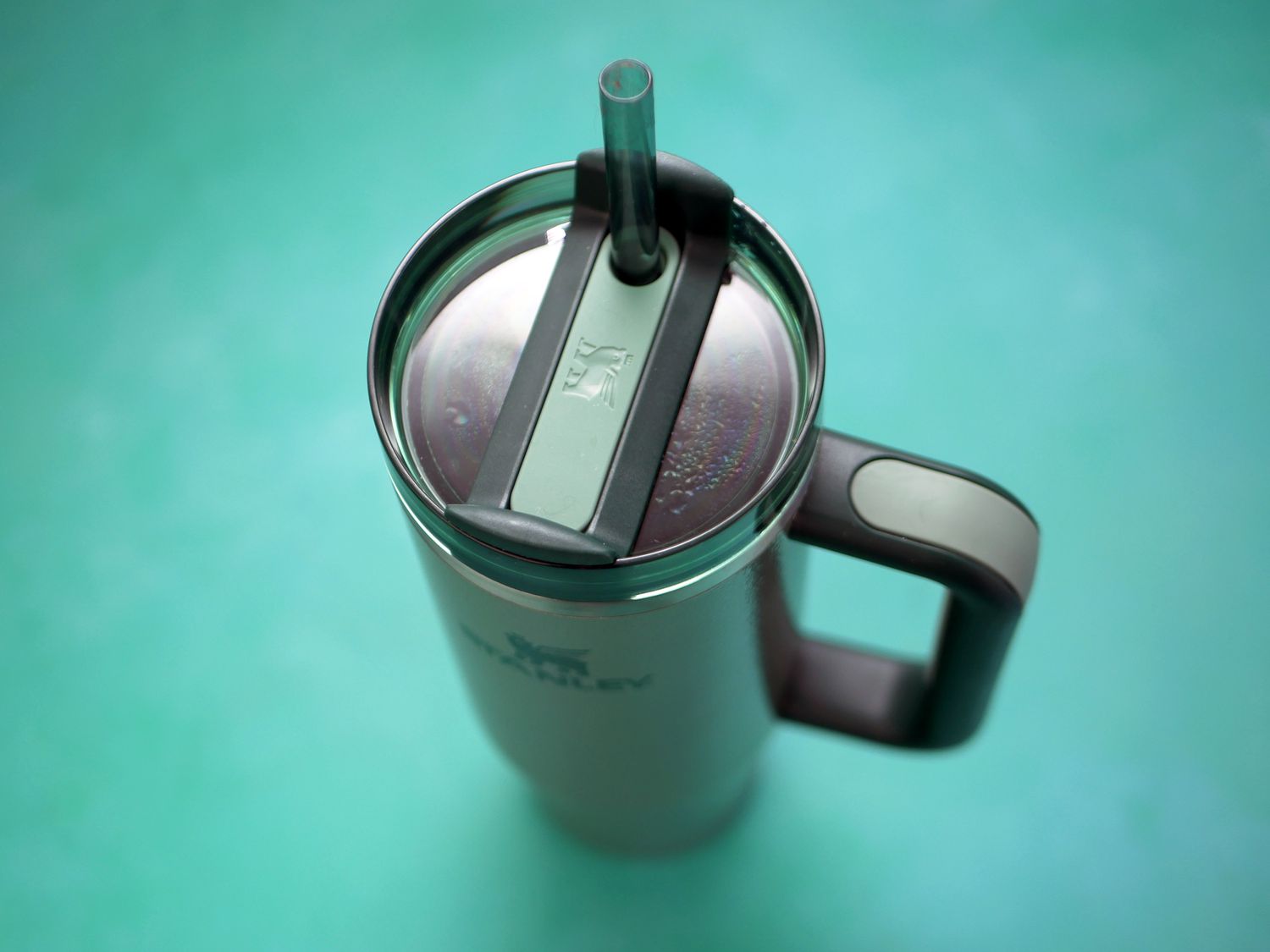 a closeup of the stanley tumbler straw and lid
