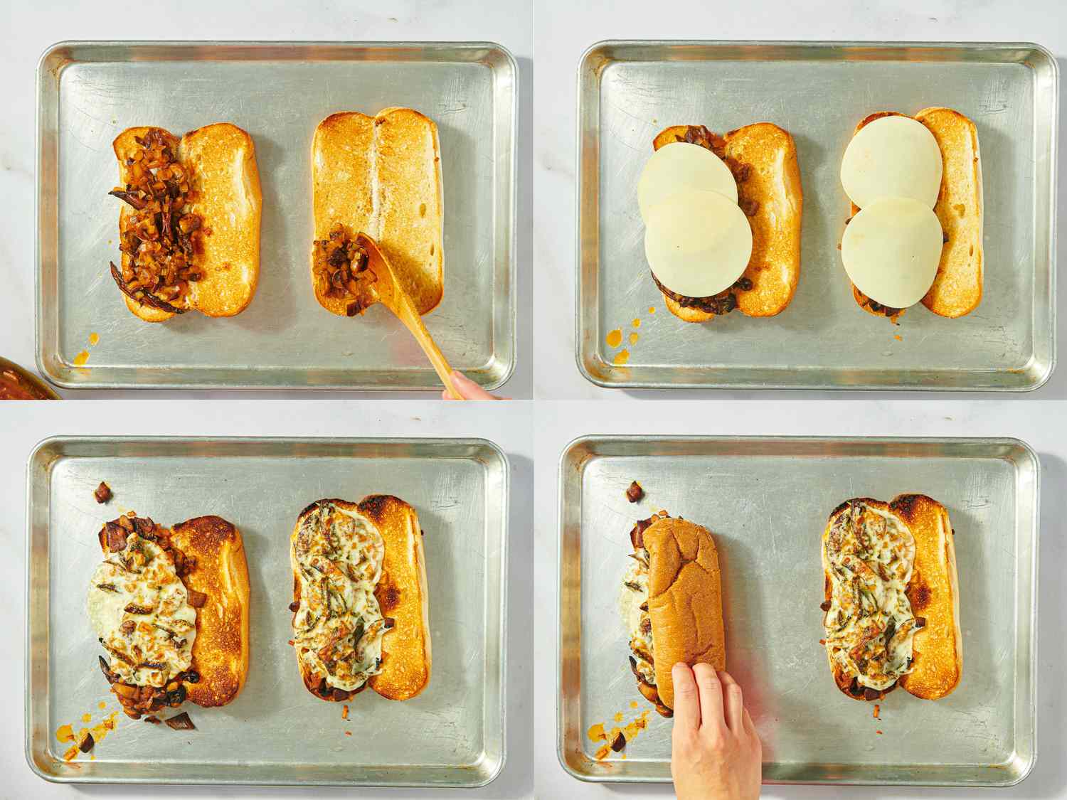 Sequence of making vegetarian French dip sandwiches on a baking sheet