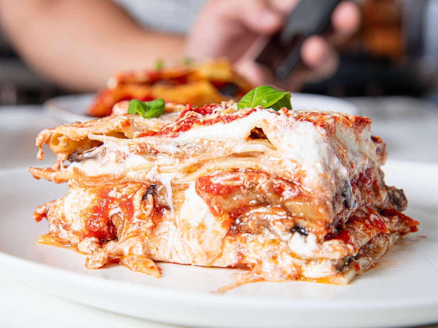 Side view of lasagna alla norma