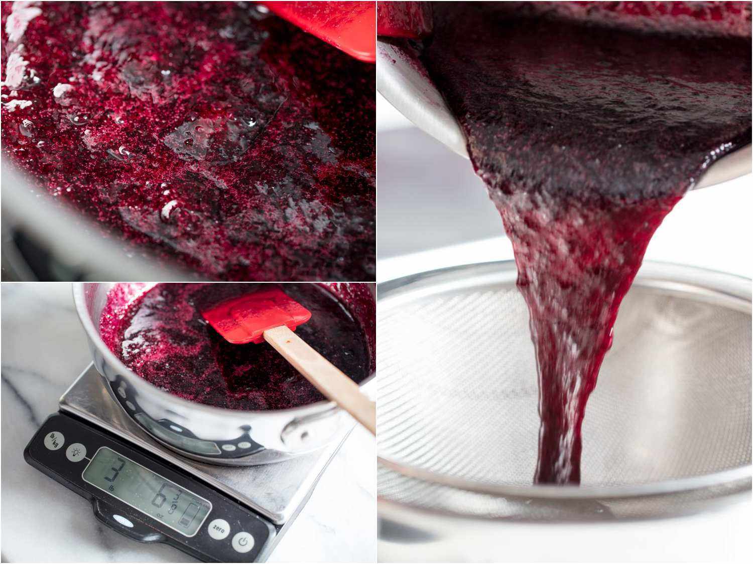 A three-image collage. The top left shows a close up of the blackberry puree. The bottom left shows weighing the syrup on a scale. The right image shows pouring the syrup through a strainer. 