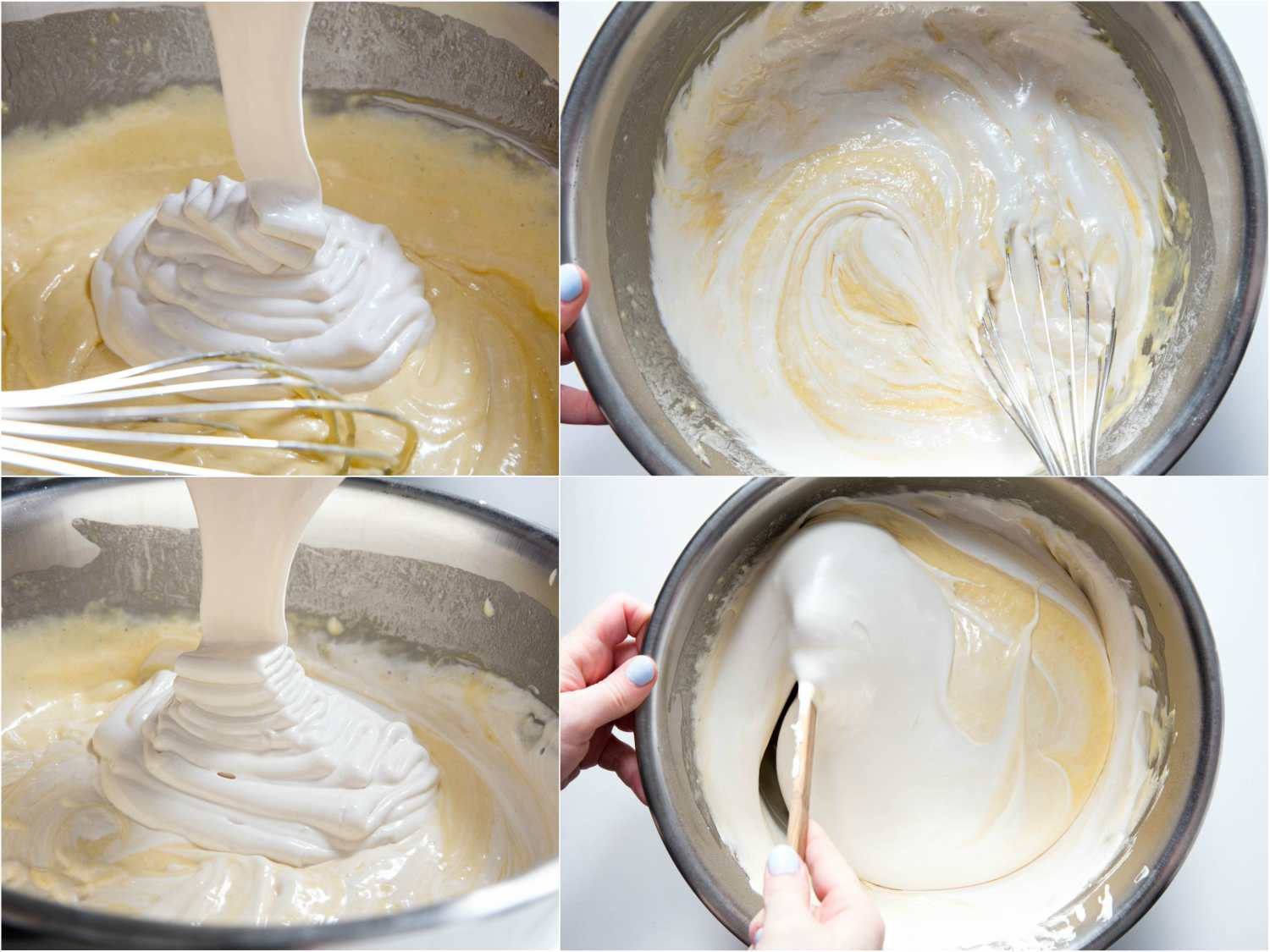 collage of incorporating whipped egg whites into yolk-base batter