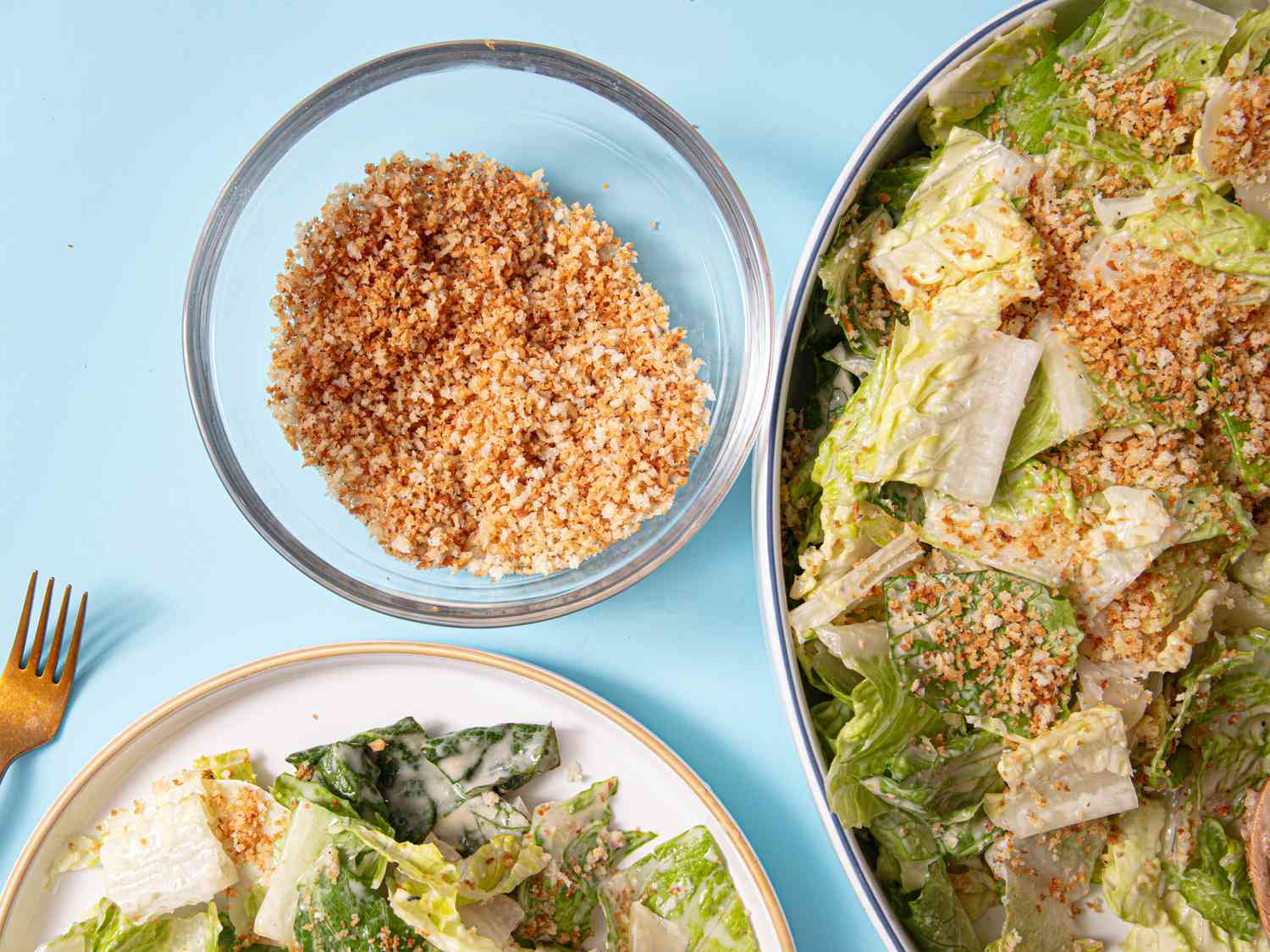 Overhead view of salad with breadcrumbs
