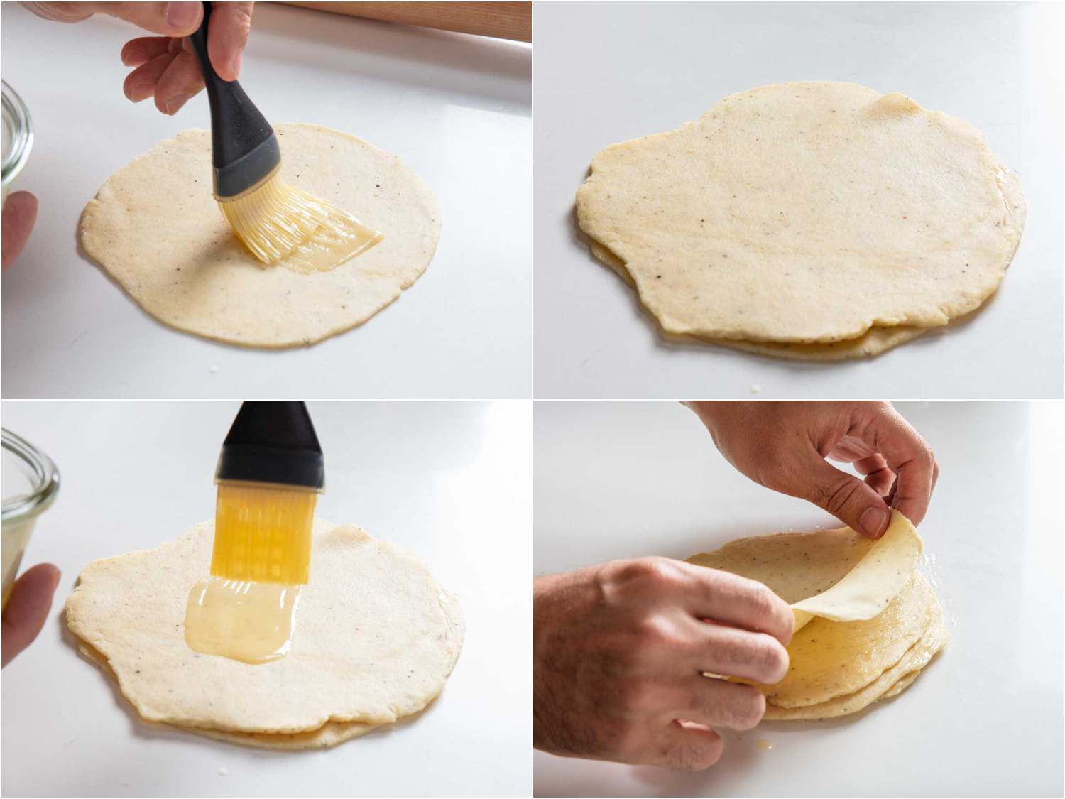 Collage showing ghee being brushed onto dough that's stacked for making chiroti.