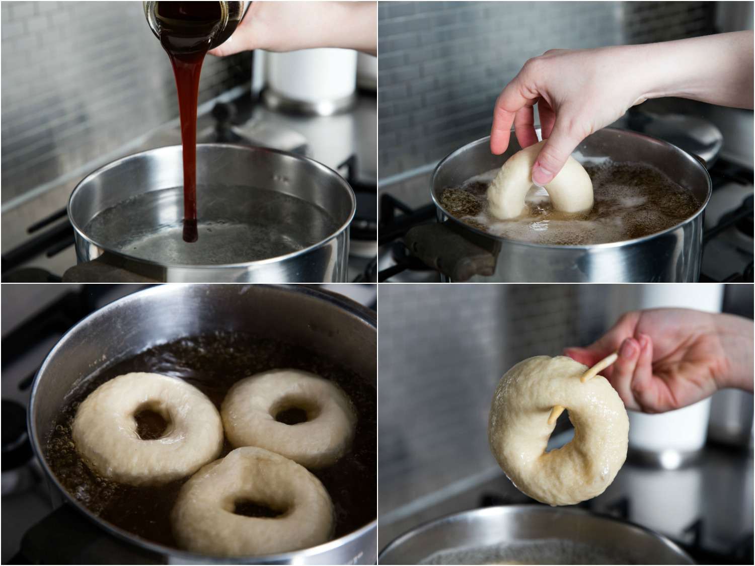 Photo collage showing adding barley malt syrup to pot of oiling water, adding a bagel, boiling three bagels, and removing one bagel from water using chopsticks.