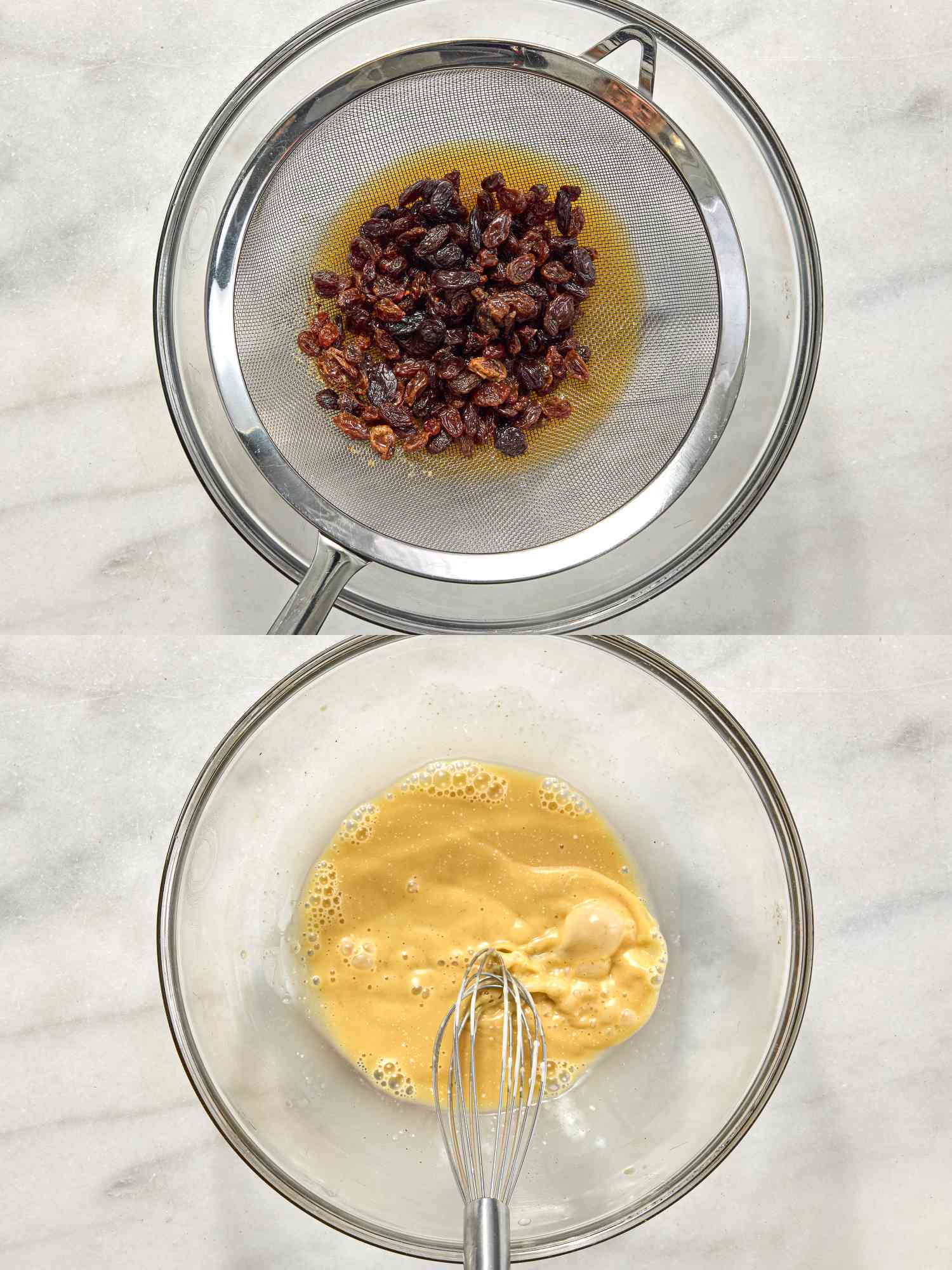 2 image collage. Top: draining raisins with a fine mesh sieve. Bottom: mixing mayonaise in glass bowl 