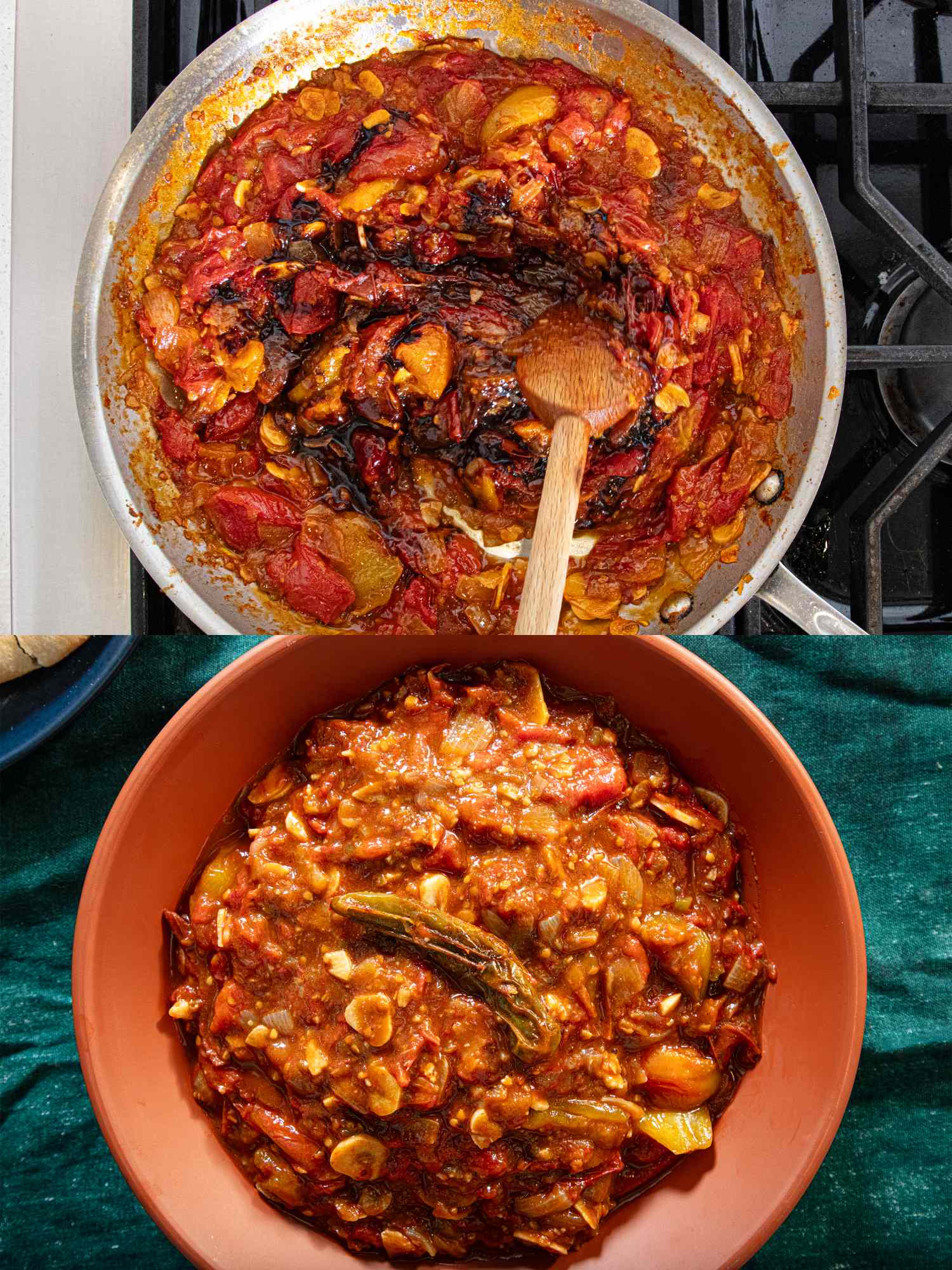 Two stages of preparing Galayet Bandora a traditional tomatobased dish shown in a skillet and a serving bowl on a table