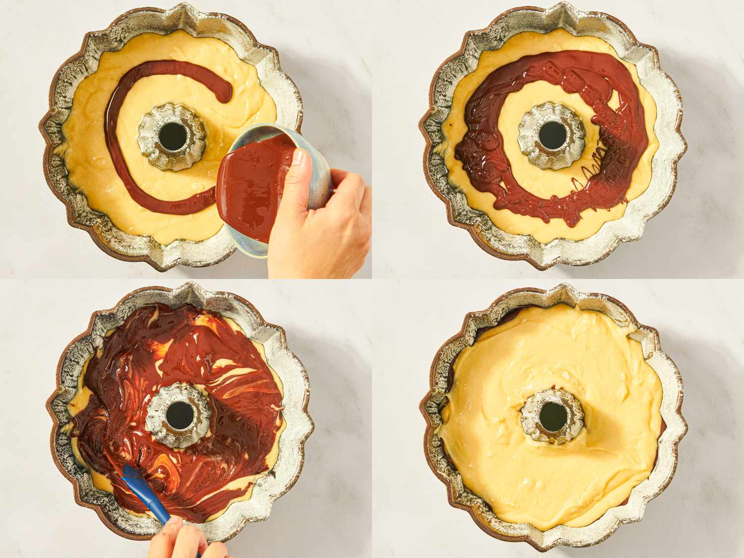 Stepbystep process of preparing a bundt cake with layers of vanilla and chocolate batter being poured and swirled in a pan
