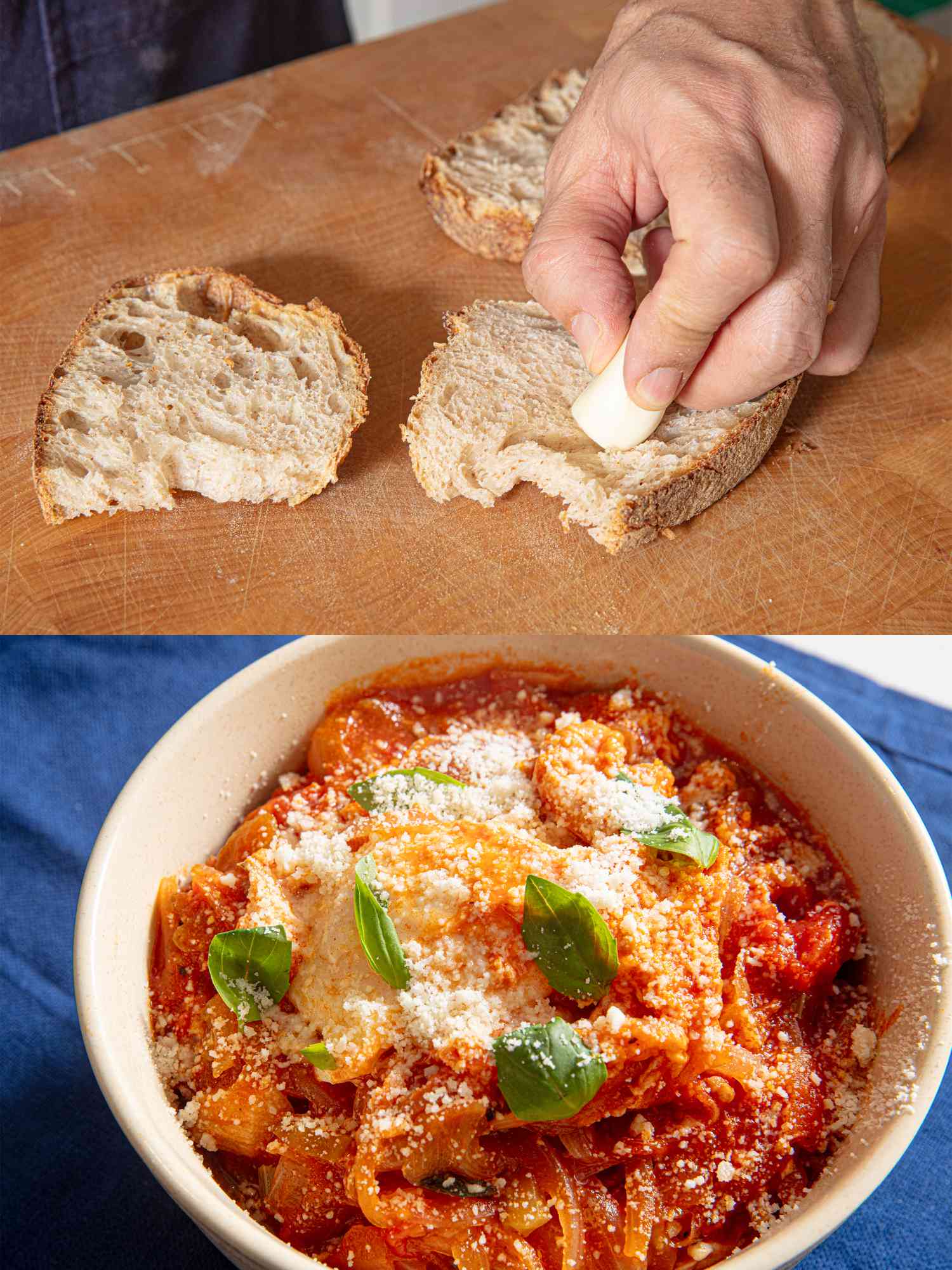 Two image collage of rubbing garlic and finished soup
