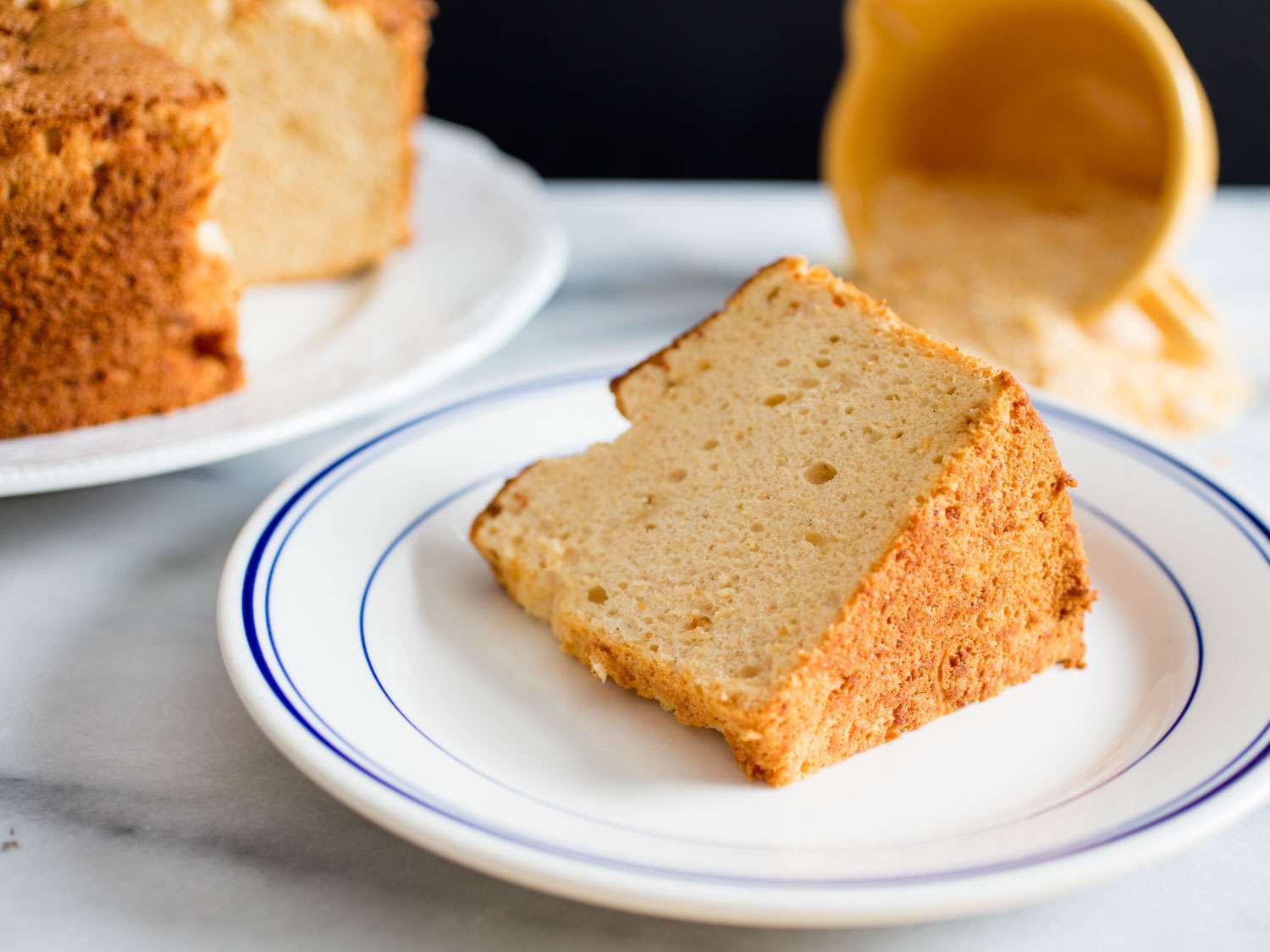 slice of angel food cake baked with granulated caramel
