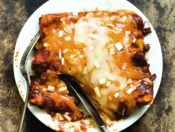 Shredded Beef Enchiladas with Three-Chile Sauce
