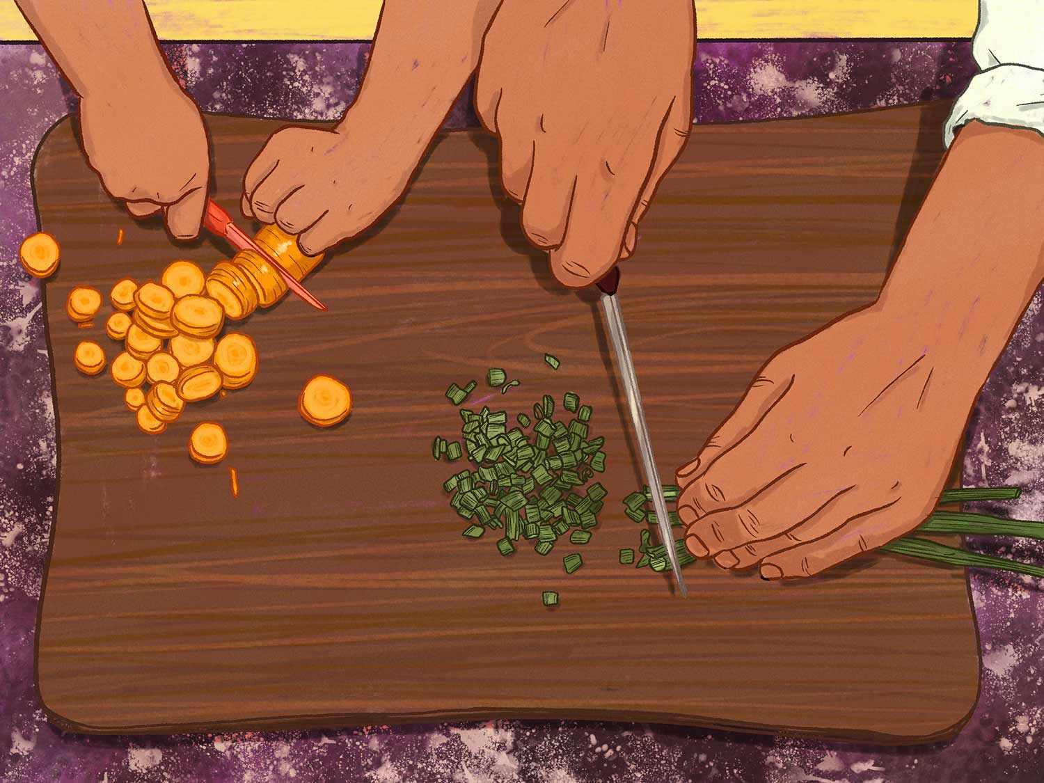 Illustration of an adult's hands and a child's hands chopping vegetables side by side on a cutting board.