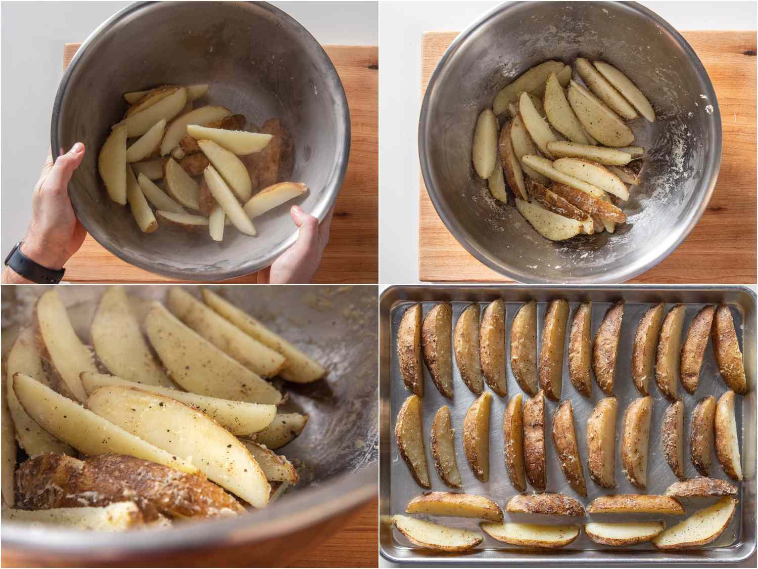 Roughly tossing blanched potato wedges in a bowl to develop a mashed potato-like coating, then spreading wedges on the prepared baking sheet.