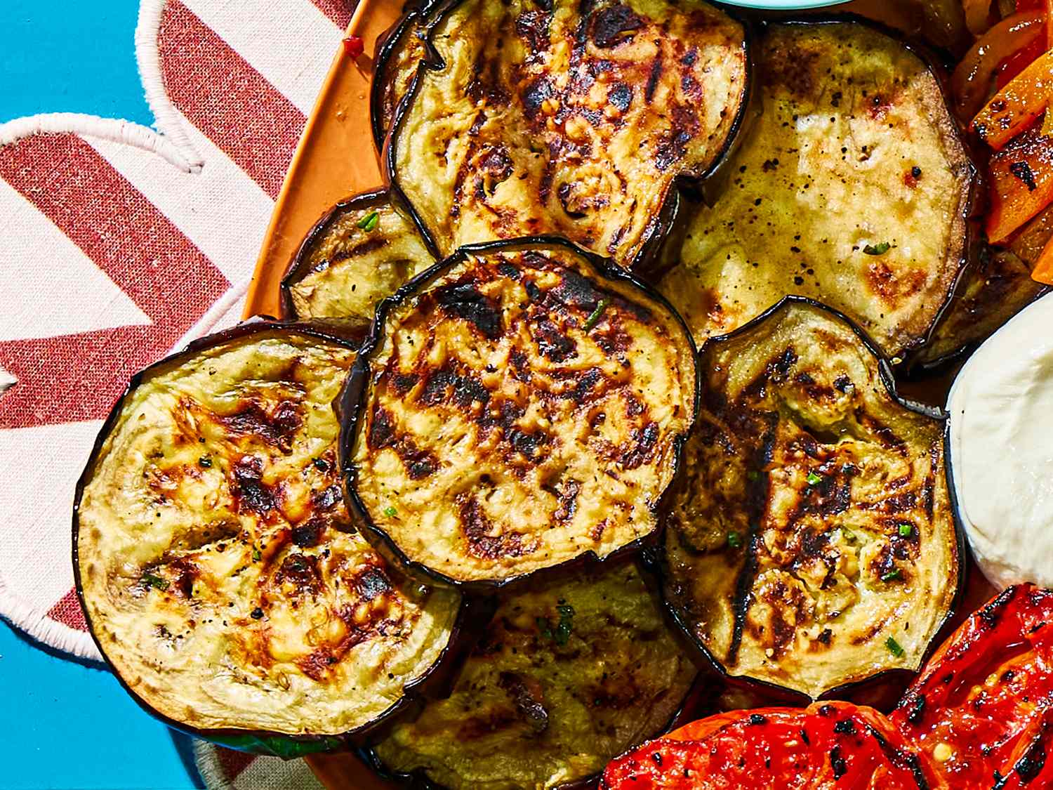 Grilled eggplant slices arranged with other vegetables on a plate