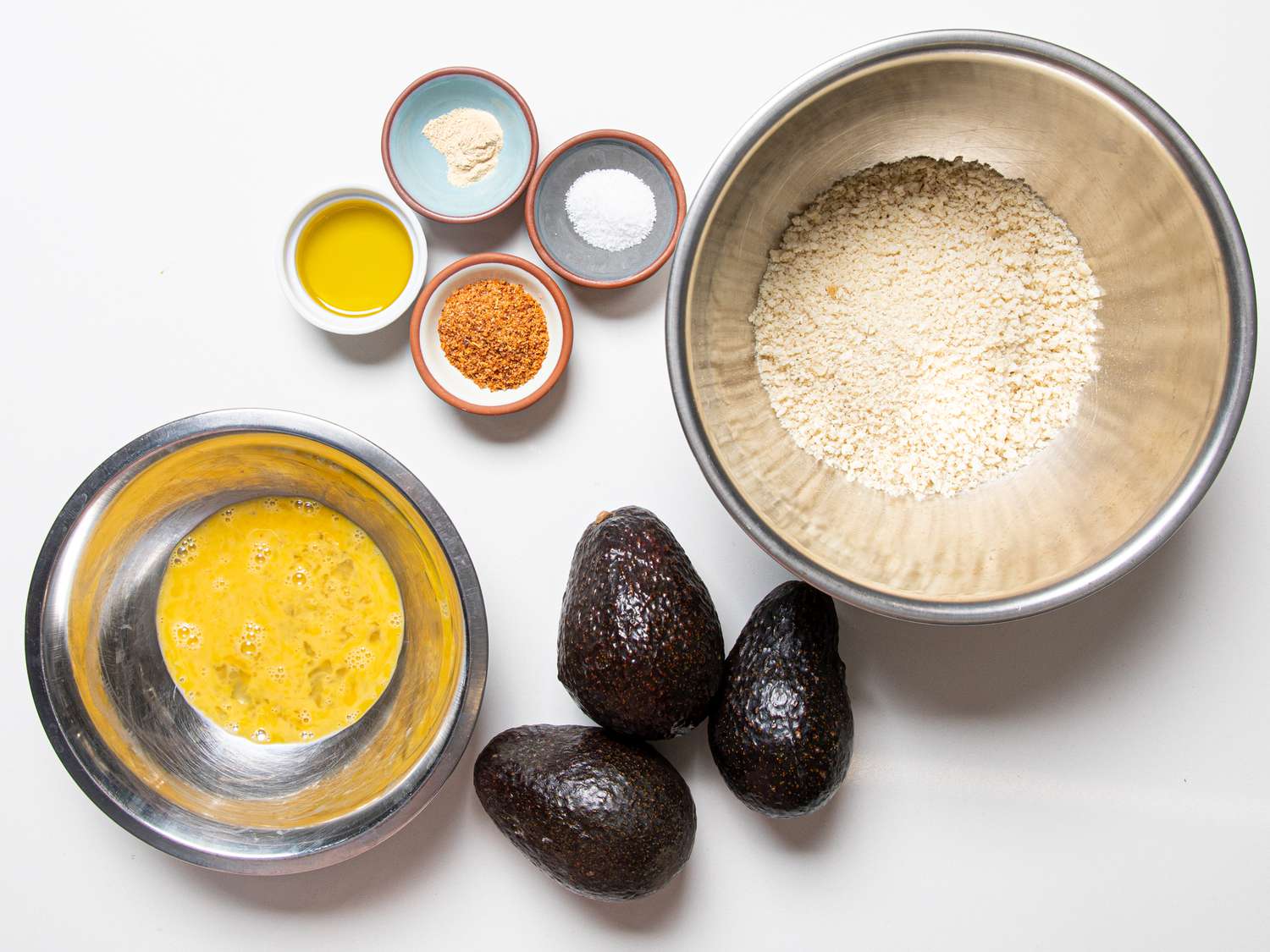Overhead view of avocado fries ingredients