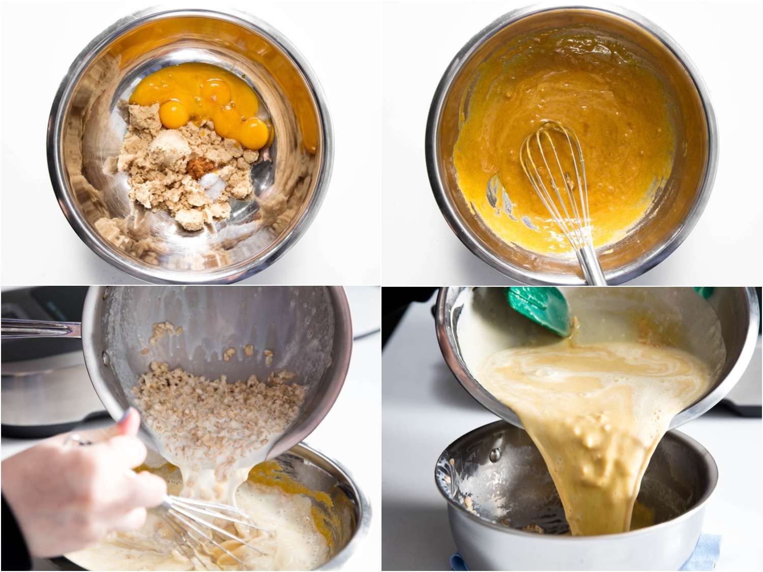 A collage of four images showing stages of making oatmeal ice cream: combining egg yolks, brown sugar, and spices; whisking egg mixture; adding oat-infused milk to egg mixture and transferring the mixture to the pan to cook.