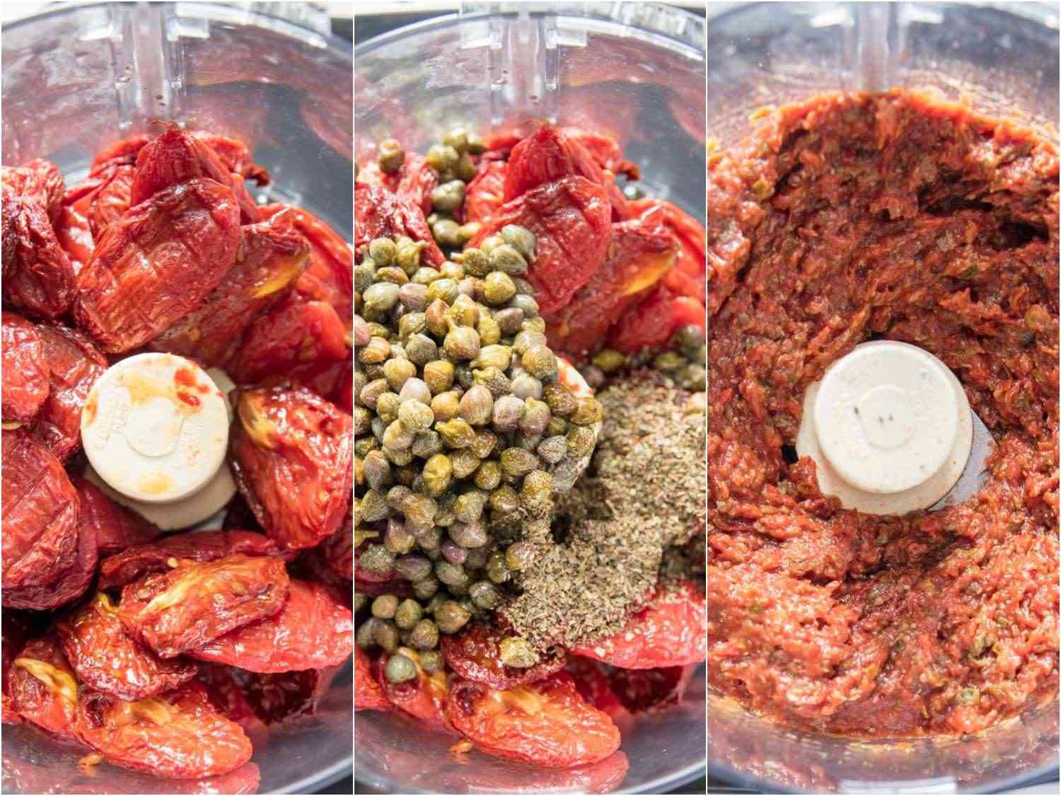 Collage of blending process of tomato spread in a food processor.