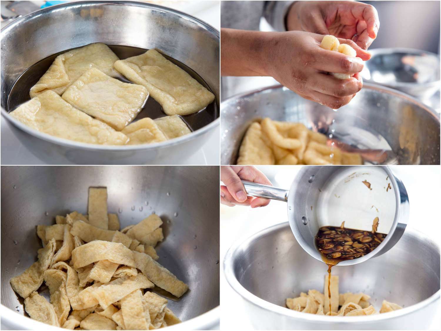 Collage of 4 images showing soaking and wringing out aburaage, transferring cut strips of abuurage to a bowl, and pouring warm dressing over the strips.